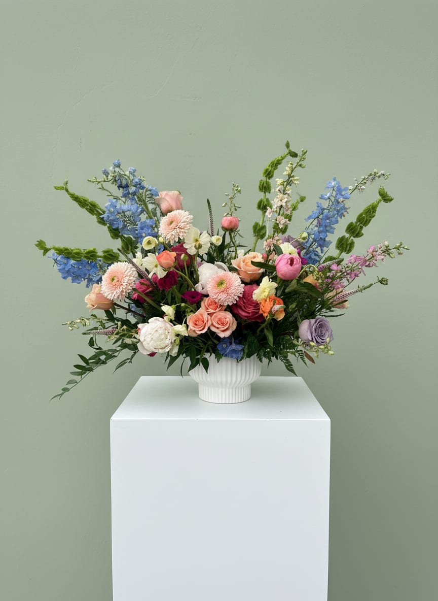 Garden Party Luxe - Playful, vibrant, and full of life, our Garden Party Luxe arrangement is designed to make a statement. Featuring a beautiful mix of premium roses, ranunculus, delphinium, and seasonal blooms, this arrangement is rich in texture, color, and movement. Designed in a modern ceramic vase, this piece captures the look of a freshly gathered garden—organic, airy, and effortlessly elegant. The blend of soft pastels and bright accents creates a joyful and uplifting design that feels both luxurious and unique. Perfect for birthdays, celebrations, thank you gifts, or anyone who loves a bold and artistic floral style, this arrangement is guaranteed to stand out. Each piece is thoughtfully handcrafted by our floral designers, making every arrangement one-of-a-kind.  Available for same-day flower delivery in Rancho Cucamonga and throughout the Inland Empire, this stunning garden-style arrangement is a beautiful way to impress and delight.