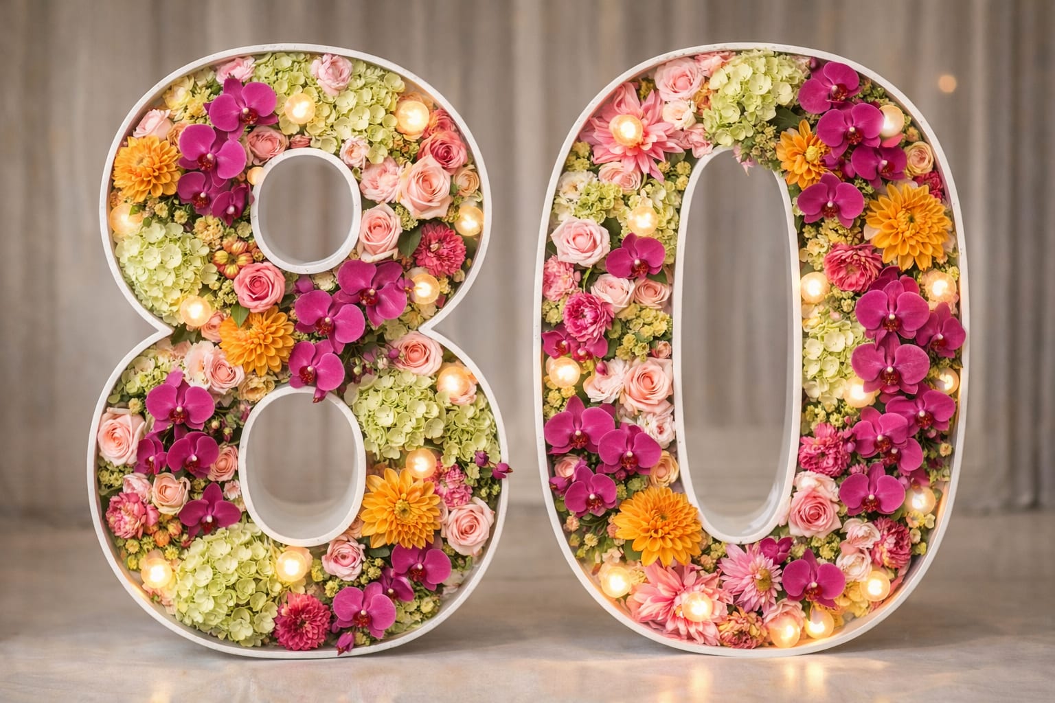 Golden Milestone Standing Floral 80 - Celebrate eight decades of life with a breathtaking, custom-designed "80" standing sculpture. This extravagant display is handcrafted using a lush, high-density mix of the season's most vibrant blooms, including premium orchids, roses, daliahs, and hydrangeas. Measuring approximately 4 feet tall, each digit is a three-dimensional work of art, illuminated by soft warm-white marquee lights nestled among the petals to create a magical, radiant glow.  Perfect as a grand entrance piece or a stunning photo backdrop, this arrangement is fully customizable to your preferred color palette. Whether it's classic pastels, bold tropicals, or elegant monochromes, this one-of-a-kind creation is designed to be the crowning jewel of any 80th birthday celebration. 