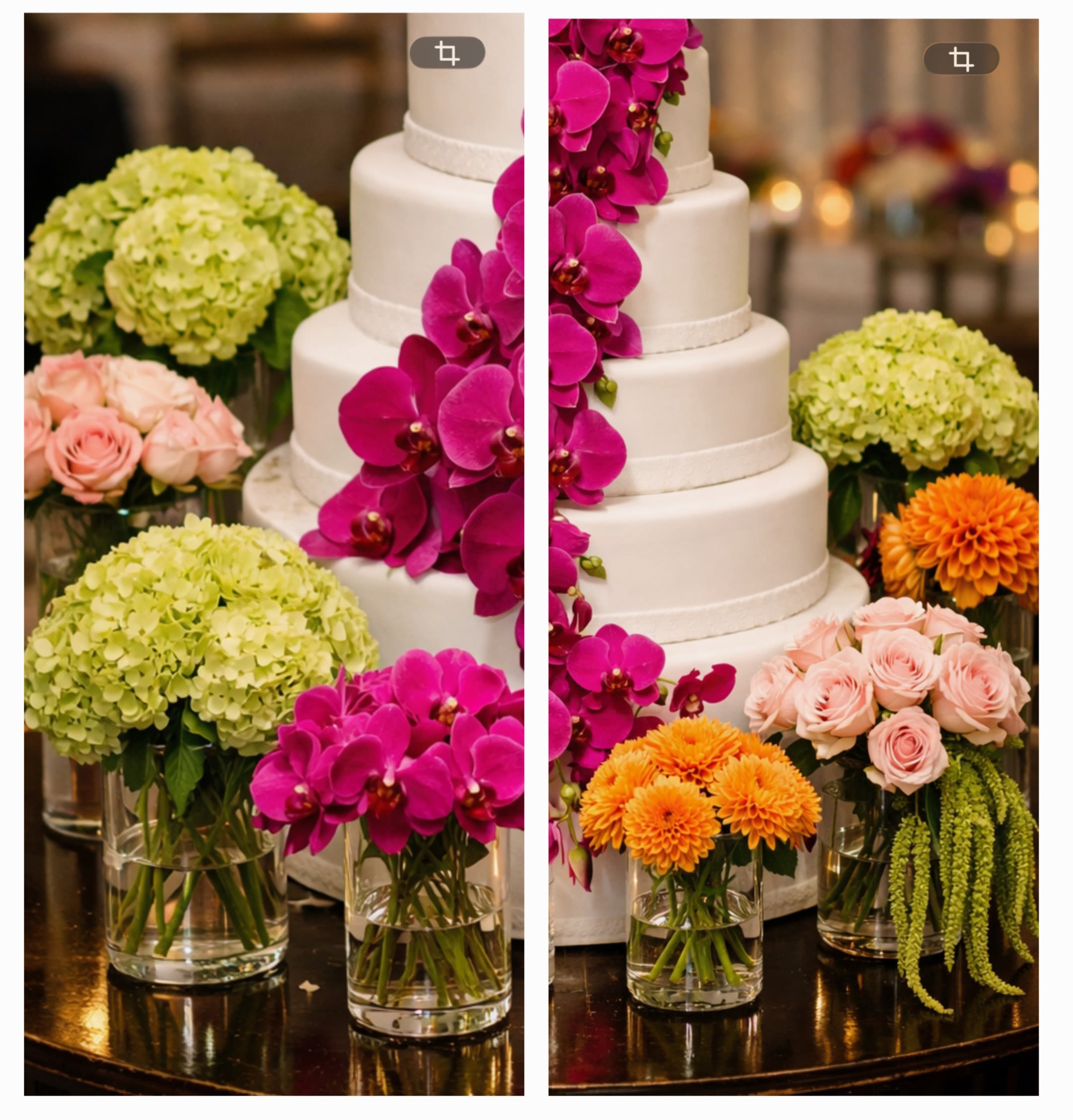 Radiant Orchid &amp; Hydrangea Cake Garden  - This arrangement is a bold study in texture and color, combining structured elegance with garden-style lushness. The arrangement is designed in a cylinder clear glass vases. You can modify the layout to eliminate or add-on more depending on the table size. Sizes and individual prices:  1 Small: 1x8 stems of orange Dahlias $80 2 Medium: 1x 12 stems of Fuchsia Phalaenopsis Orchids $135 &amp; 1x two dozen Pink Roses with 8 stems of lime green amaranthus $121. 2 Large:  1x12 stems of pale lime Green Hydrangeas $97 &amp; 1x6 stems of Orange Dahlia's $60 2 XL: 1x24 stems Pink Roses $80 and 1x 12 stems of lime Green Hydrangeas $97. 1 XXL: 8 stems of pale lime green hydrangeas $65.  If you wish to provide your own vases, please reduce $15 from the listed prices. 