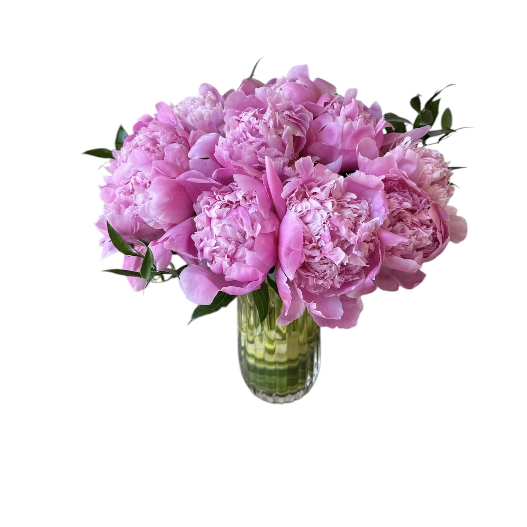 Peoni Vase  - 10 hot pink peonies designed in a tall glass vase. As shown in photo. 