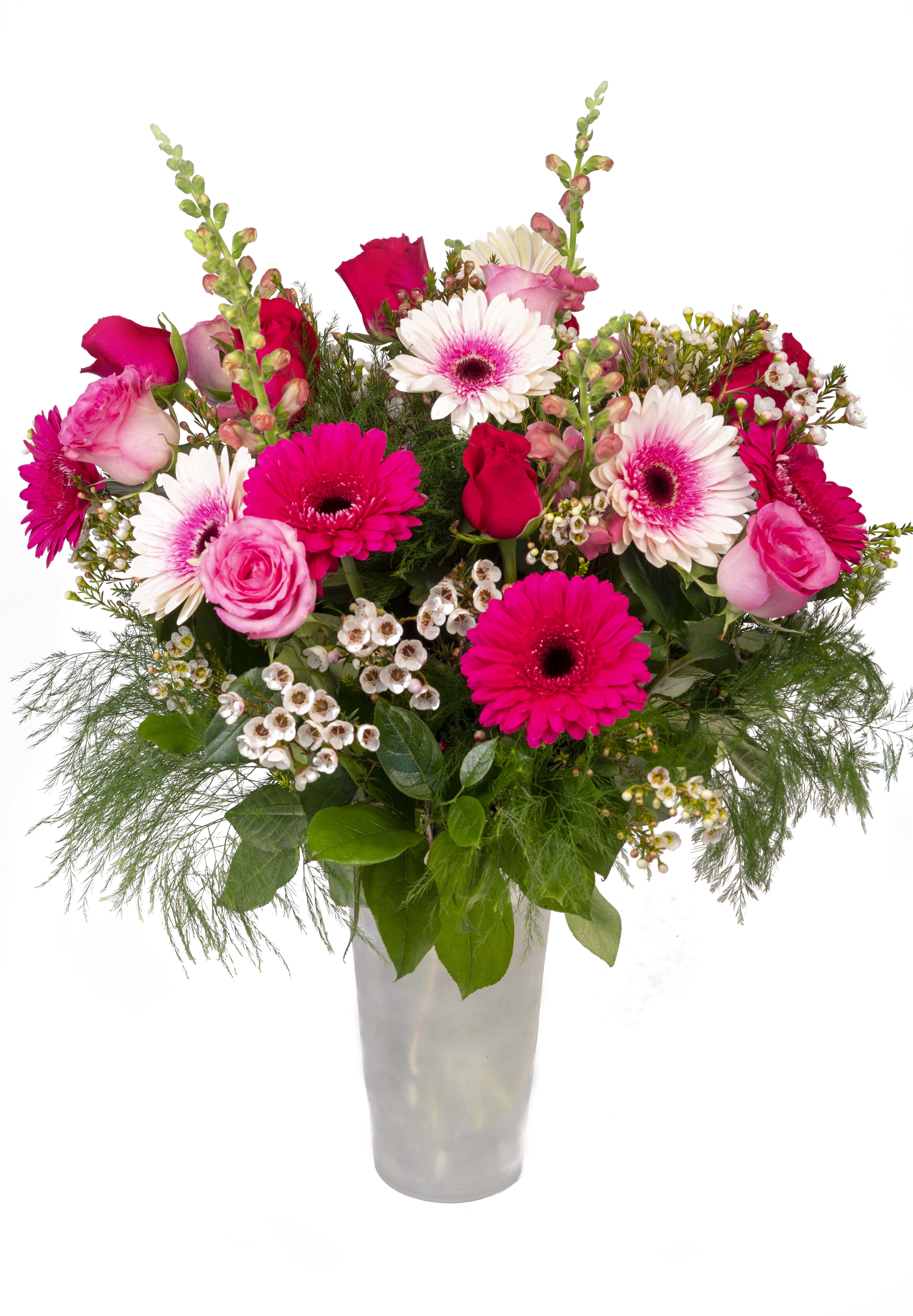 Pink and white mixed flower bouquet in a silver vase
