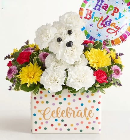 Party Pooch - Our A-dogable pup hand designed in a keepsake ceramic vase with polka dots and Celebrate in gold script. 