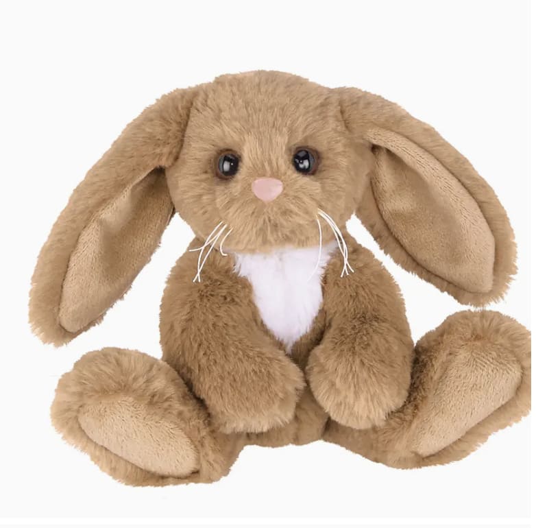 Brown plush bunny stuffed animal with long floppy ears and white chest patch