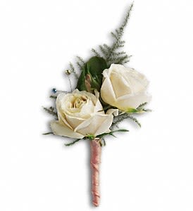 White Tie Boutonniere - When elegance is of the utmost importance, choose classic cream-colored roses.  Cream-colored roses, asparagus plumosus and salal.  Approximately 3 1/4" W x 6 3/4" H  Orientation: N/A