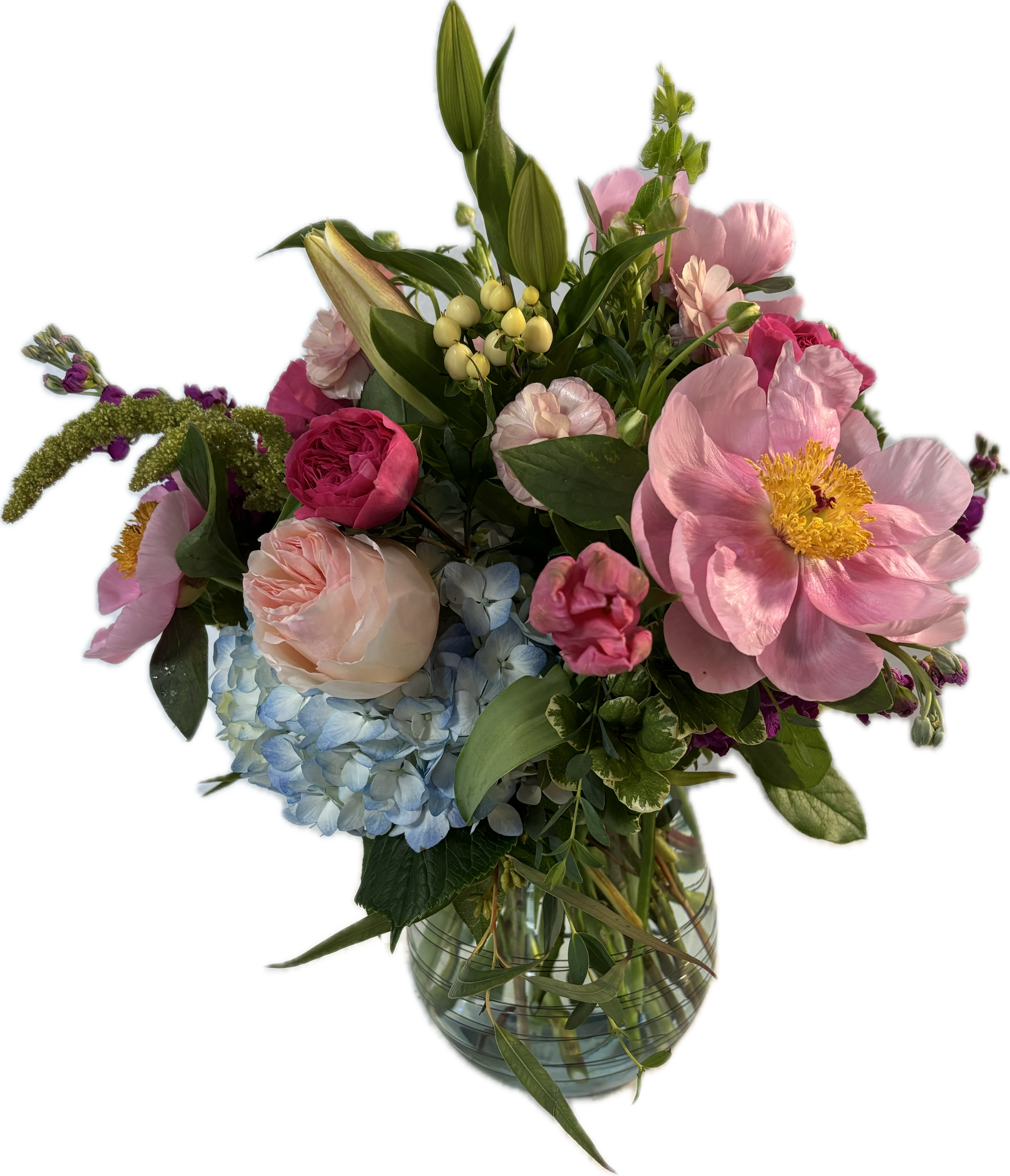 Mom's Favorite - Stunning arrangement of hydrangea, peonies, garden roses, tulips. lilies and stock. Every Mom's favorite!!