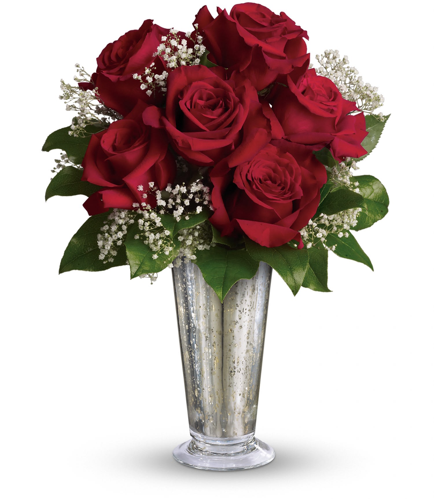 Tall silver vase filled with red roses and white filler flowers