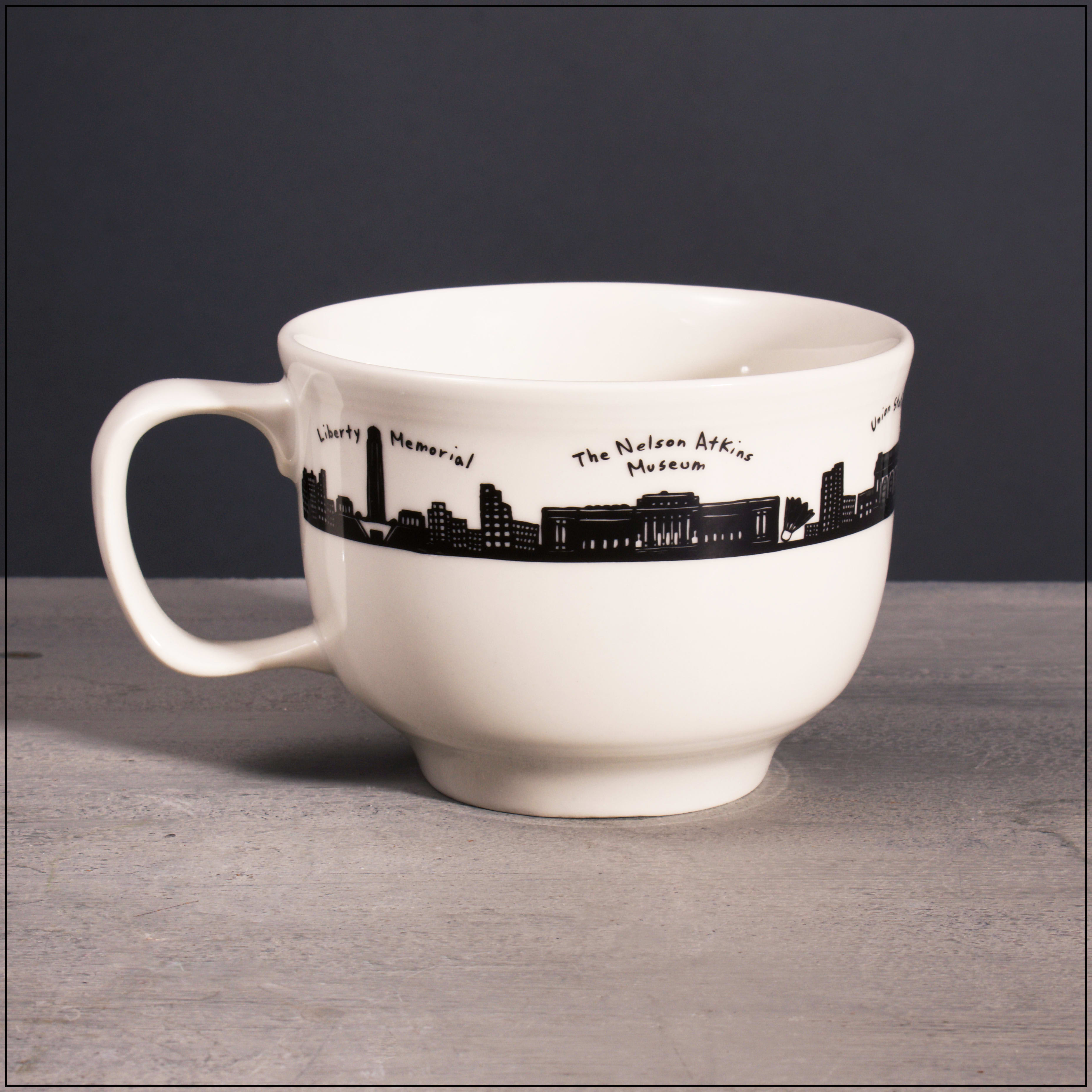 White ceramic mug with a black city skyline and labeled landmarks around the rim.