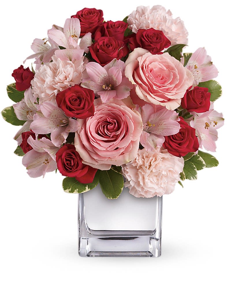 Compact arrangement of pink and red roses, carnations, and alstroemeria in a clear glass cube vase
