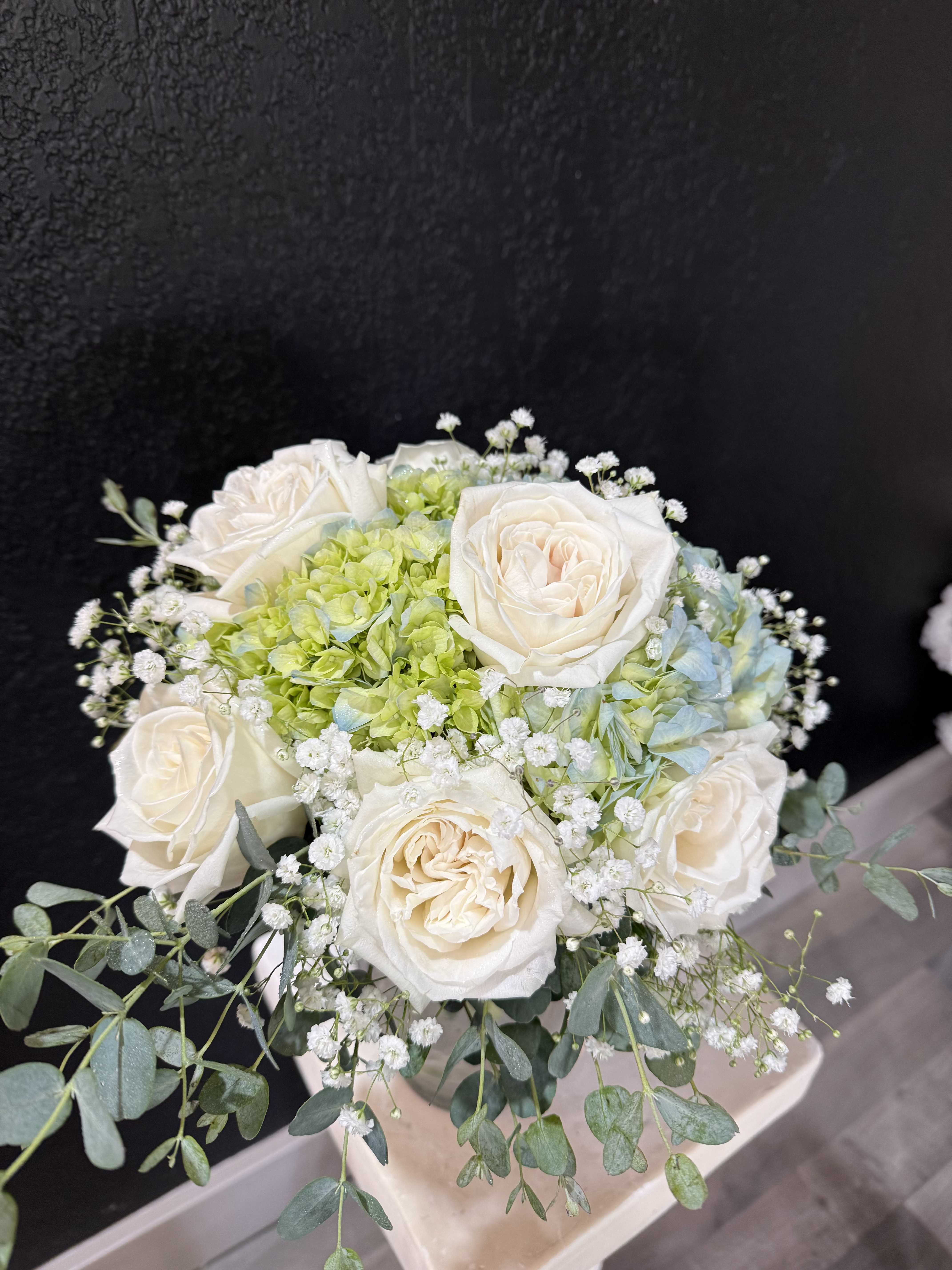 Blue Serenity - Soft white roses + blue hydrangea with airy greenery; light, beachy feel
