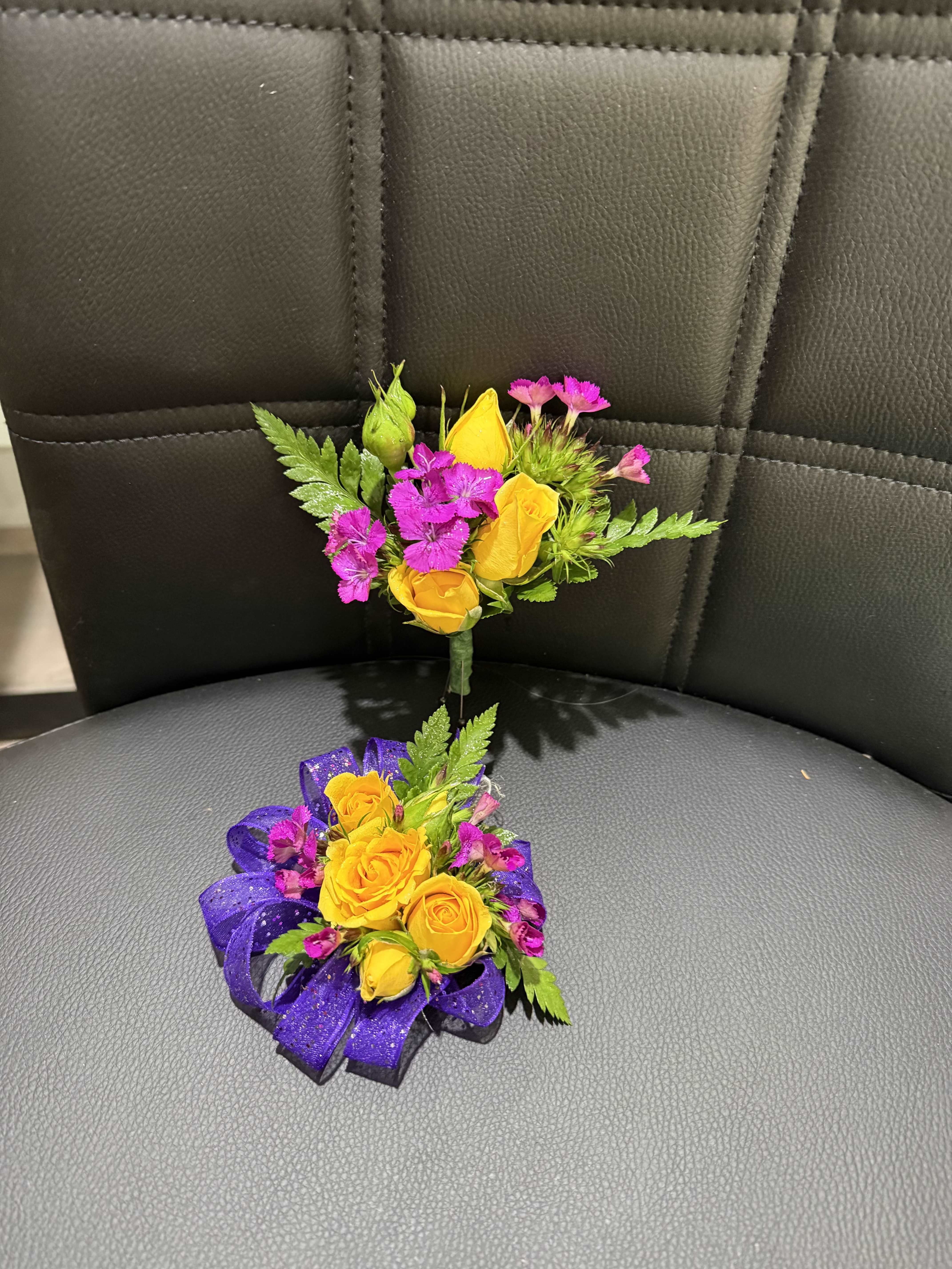 Golden Violet Set - Rich purple flowers blended with yellow accents and lush greenery. A fuller, garden-style look with a slightly upscale feel.