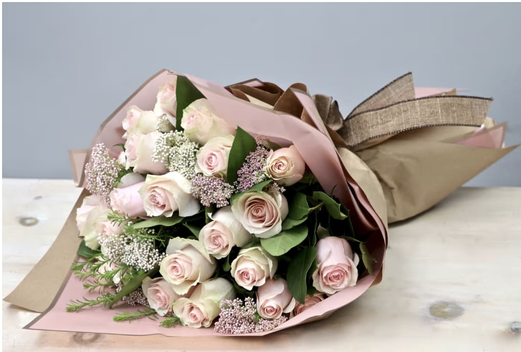 Pink Dozen Bouquet - WeHo  - The photo shown is two dozen roses (DELUXE). The standard has 12 roses. All bouquets are only available for pick up. We will confirm when order is ready for pickup.