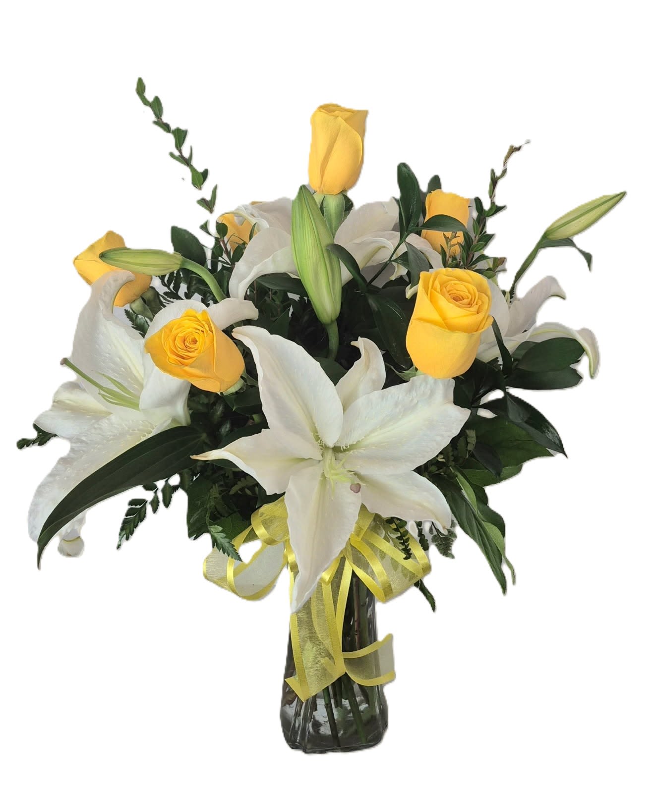 Joyful Roses and Lilies - Bright yellow roses adorned with glorious white lilies and rich greenery for just the right touch of thoughtfulness. This arrangement will convey the perfect message for an occasion that requires an elegant message.