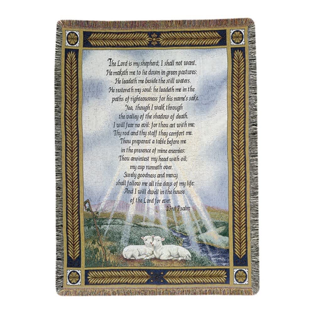 Religious woven throw blanket with Psalm 23 text and lambs under sun rays in a pastoral scene