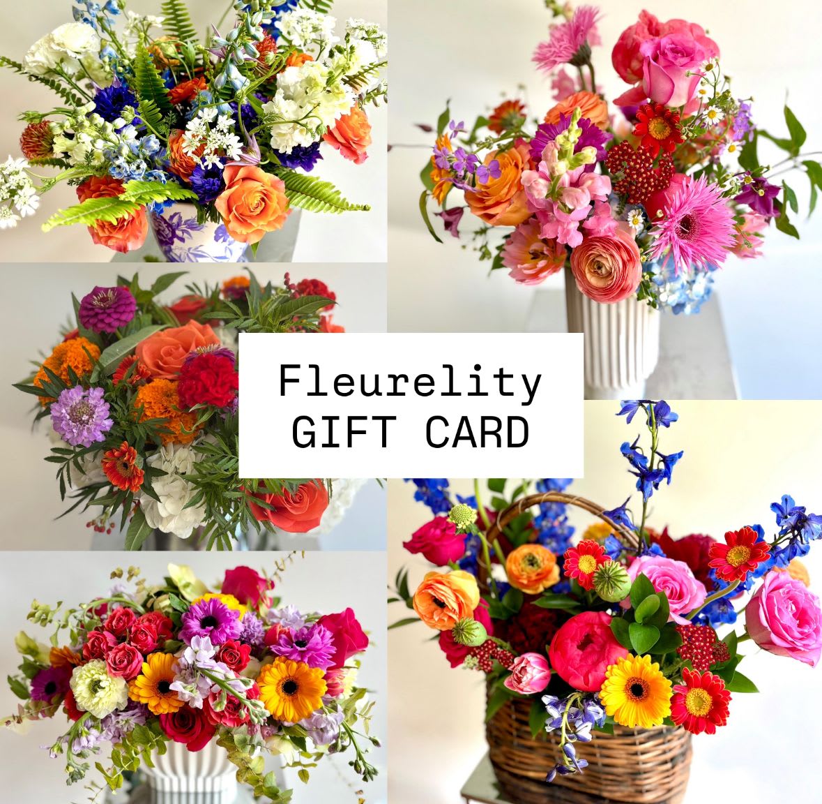 Fleurelity gift card design over a collage of bright mixed floral arrangements in vases and a basket
