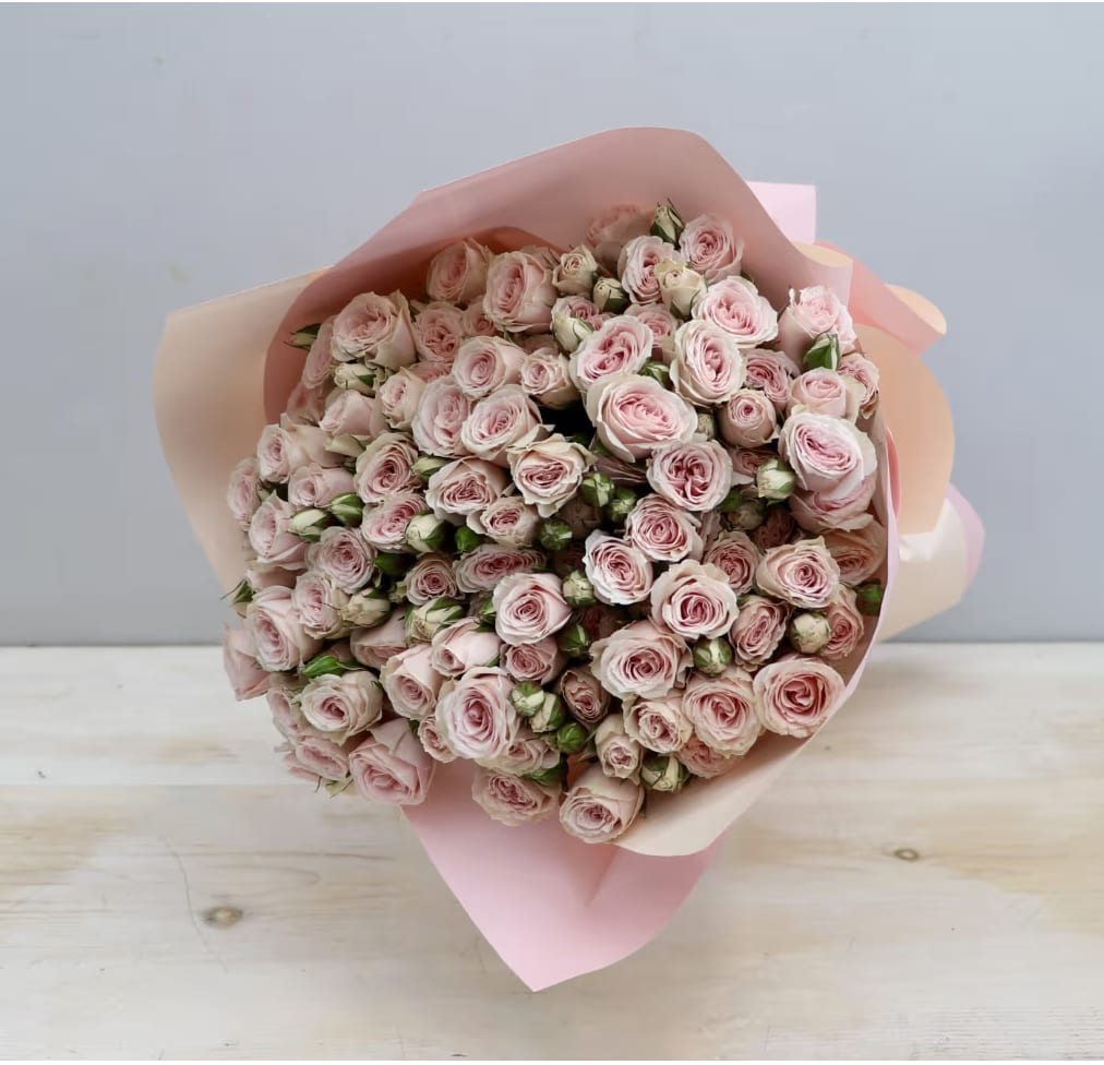 Light Pink Spray Rose Bouquet - WeHo  - A bouquet made with beautiful spray roses!  Each standard bouquet is made with 20 stems. Each stem has several mini roses and buds attached. Length and size of individual roses may differ between varieties.