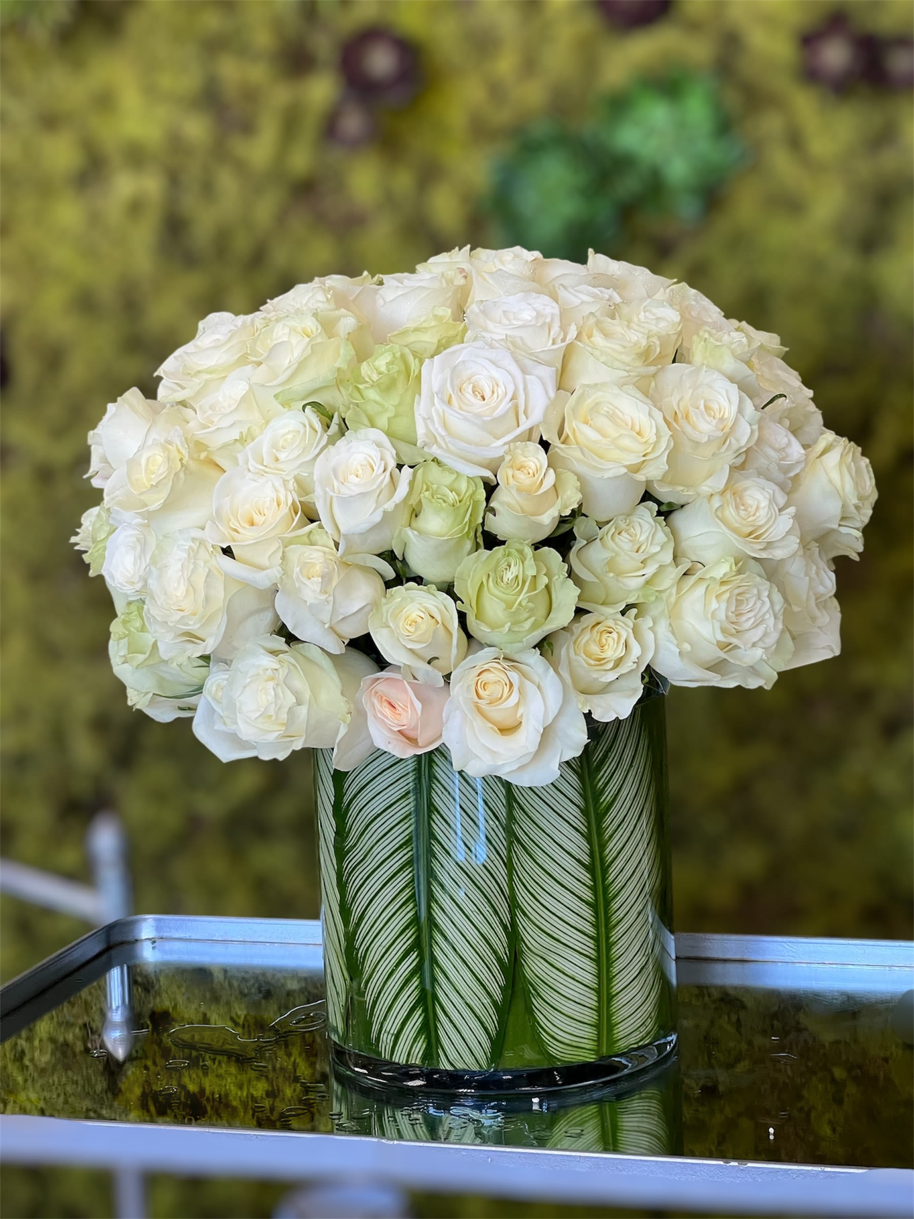 Whisper - 50 white Roses, arranged in a leaf-lined vase