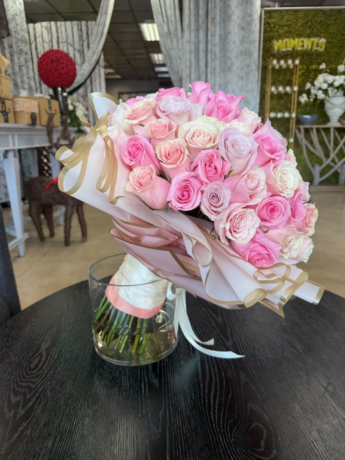 Pink Pumpkin - A soft mix of pink Roses, wrapped in a hand-tied bouquet with ribbon