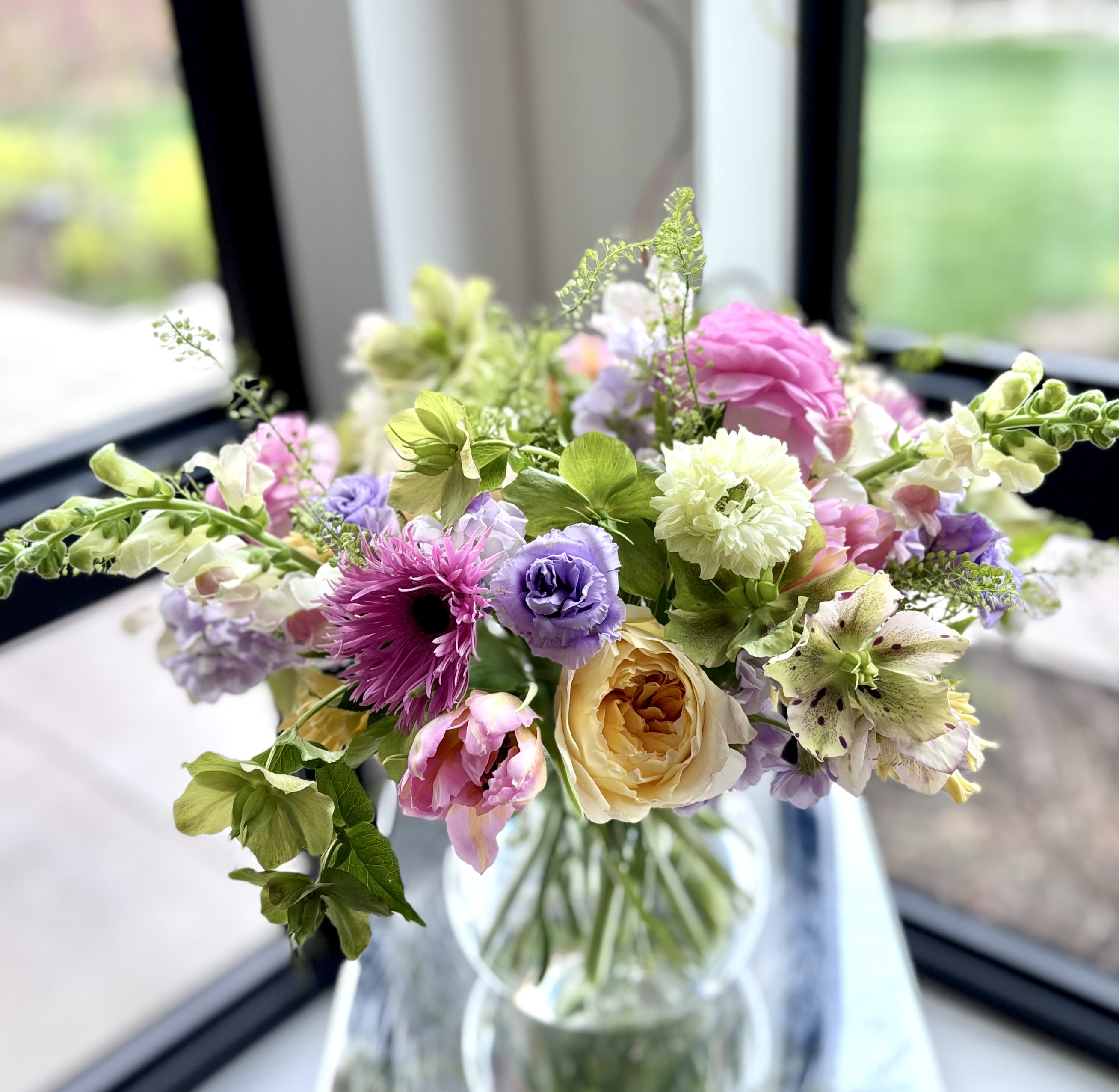 Violet - A lovely fresh flower arrangement in Lula vase with lovely blooms such as garden rose, hellebore, anemone, tulips, snapdragons, stock, lisianthus, gerbers and additional fillers based on the availability of flowers, in the color palette of yellows, pinks, lavenders, greens and whites.