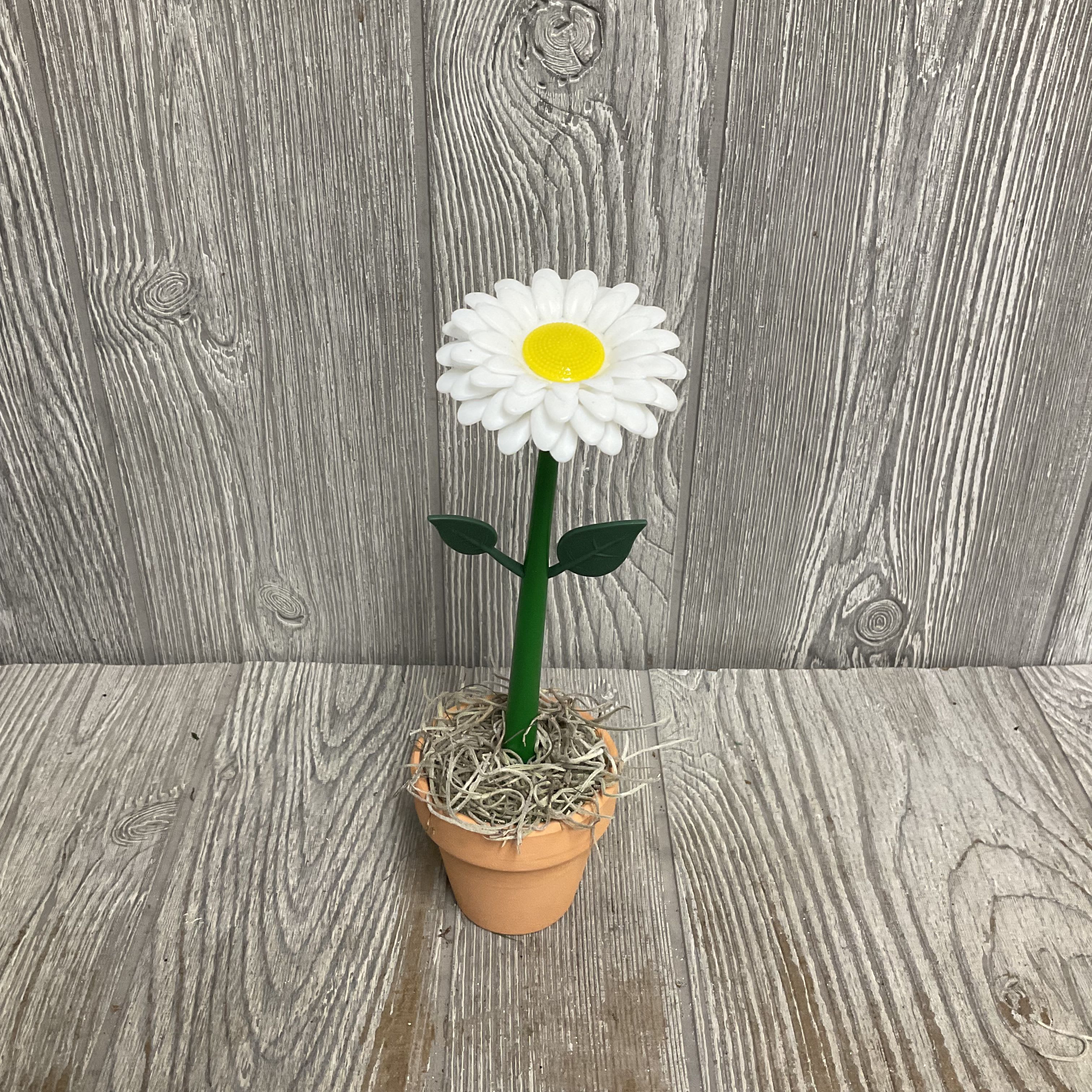 Flower Pot Pen  - Bright, playful daisy pens tucked into a small terracotta pot make a cheery spring gift or a whimsical desk accent for Admin Professionals' Week and everyday celebrations. This flower arrangement features novelty daisy pen, in white, pink or purple, with crisp layered petals and bright yellow centers that read like a mini bouquet. The garden-ready look instantly says "thinking of you" and will make the person you're gifting feel noticed and amused.  Each pen has a smooth green stem with two stylized leaves and is presented stuck into a small terracotta pot filled with decorative dried moss for a rustic, grounded finish. Options include a single daisy pen in white, pink or purple; the pots measure compactly for a desk, windowsill, or shelf. Lightweight, nonperishable blooms mean this keepsake stays bright season after season-order as a simple gift set or pair with fresh flowers for a layered springtime present.