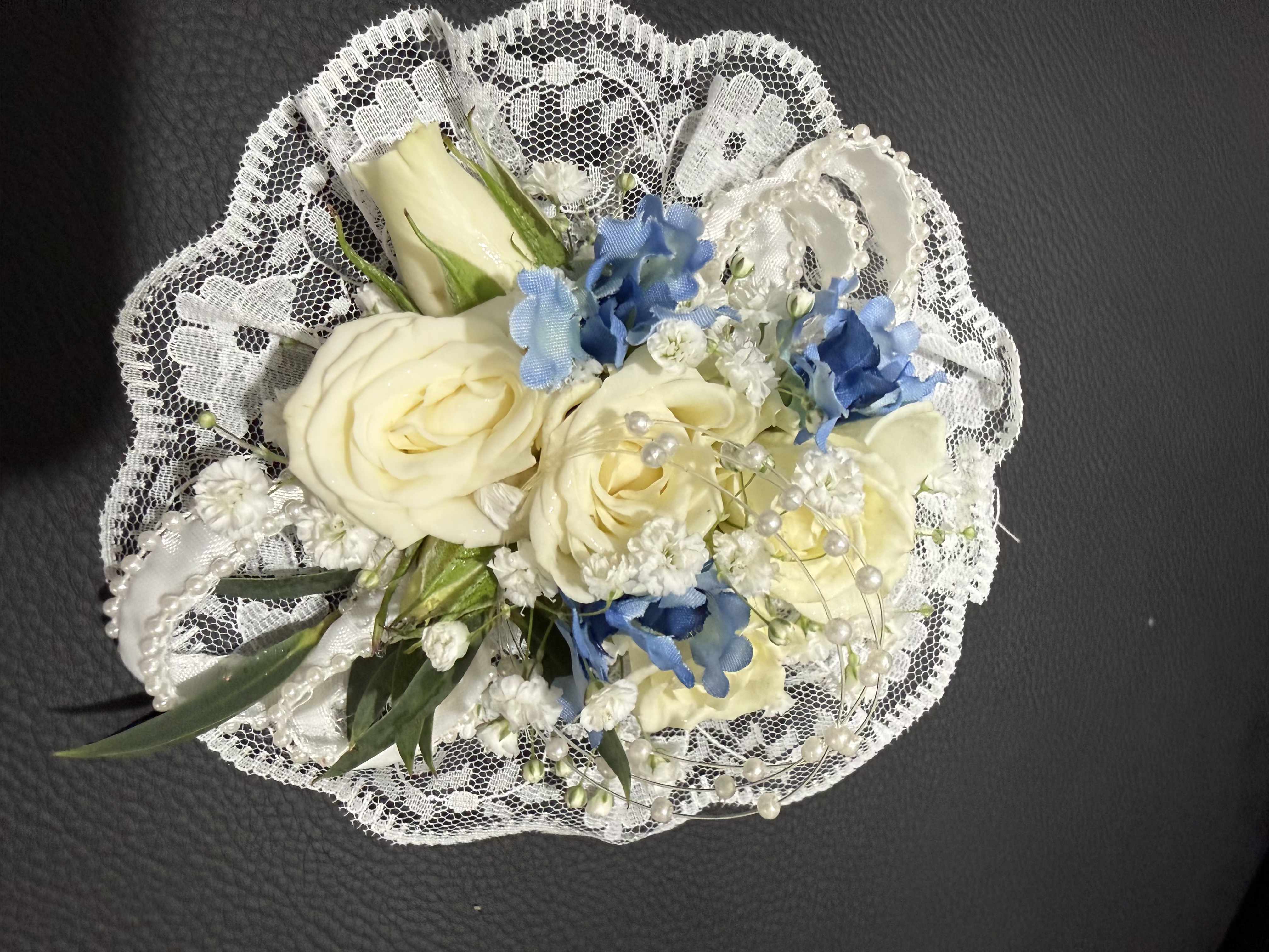 Dusty Elegance - A clean, modern design with white blooms and subtle dusty blue accents. Sleek and understated