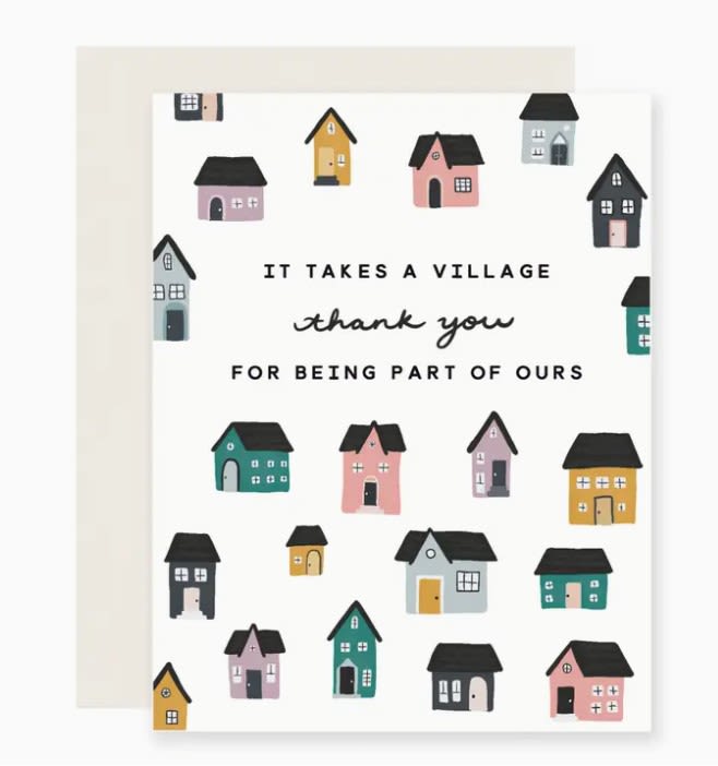 Greeting card with colorful house illustrations and thank-you text