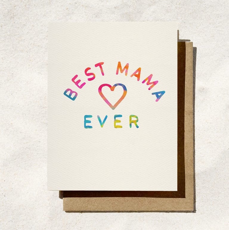 Greeting card with colorful "Best Mama Ever" text and a heart