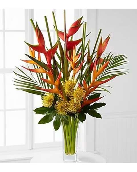 Striking Luxury Bouquet - Pull them into paradise with a flower bouquet of tropical blooms that will offer your special recipient a striking display of color and beauty. Yellow pincushion protea, stunning Birds of Paradise in both the psitticorum Heliconia psittacorum and upright Heliconia varieties, aralia leaves and areca palm are artistically arrnaged in a superior flared clear glass vase to create a flower arrangement set to bring exotic elegance to any of life's special celebrations. *A MINIMUM OF 6 DAYS IS REQUIRED BEFORE DELIVERY DATE FOR THIS ITEM* Items can vary due to avaialbility