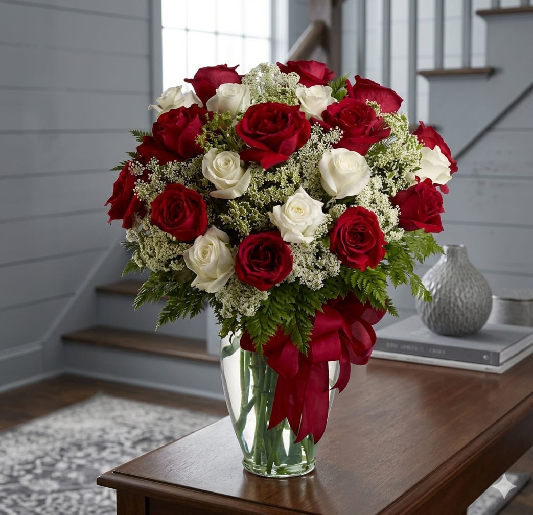 Loves Devine   - Red and white roses with delicate white filler in a clear glass vase, tied with a red satin ribbon-romantic, elegant arrangement for celebrations, love, or thoughtful remembrance.