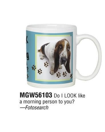 White coffee mug with a basset hound photo and humorous morning text