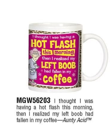 White mug with bright pink panel, cartoon woman, and humorous hot flash coffee quote