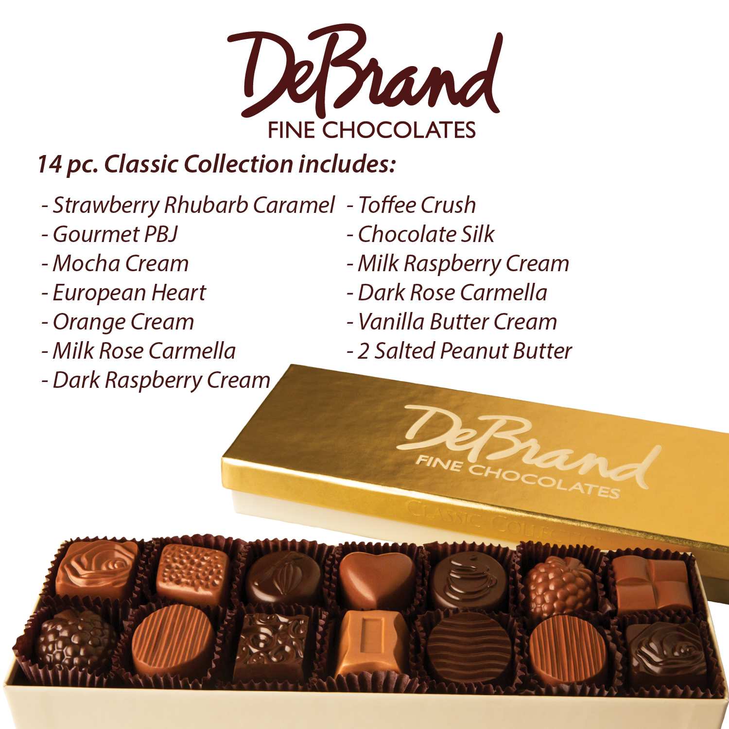 Gold rectangular box of assorted gourmet chocolates with flavor list and DeBrand logo