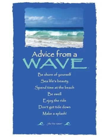 Blue beach-themed wall art with ocean wave photo and inspirational advice text
