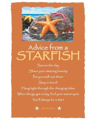 Inspirational orange wall art with starfish illustration and advice text.