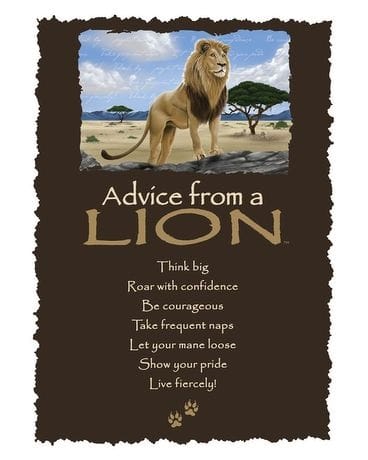 Inspirational lion-themed wall sign with a lion illustration and motivational text on a dark background.