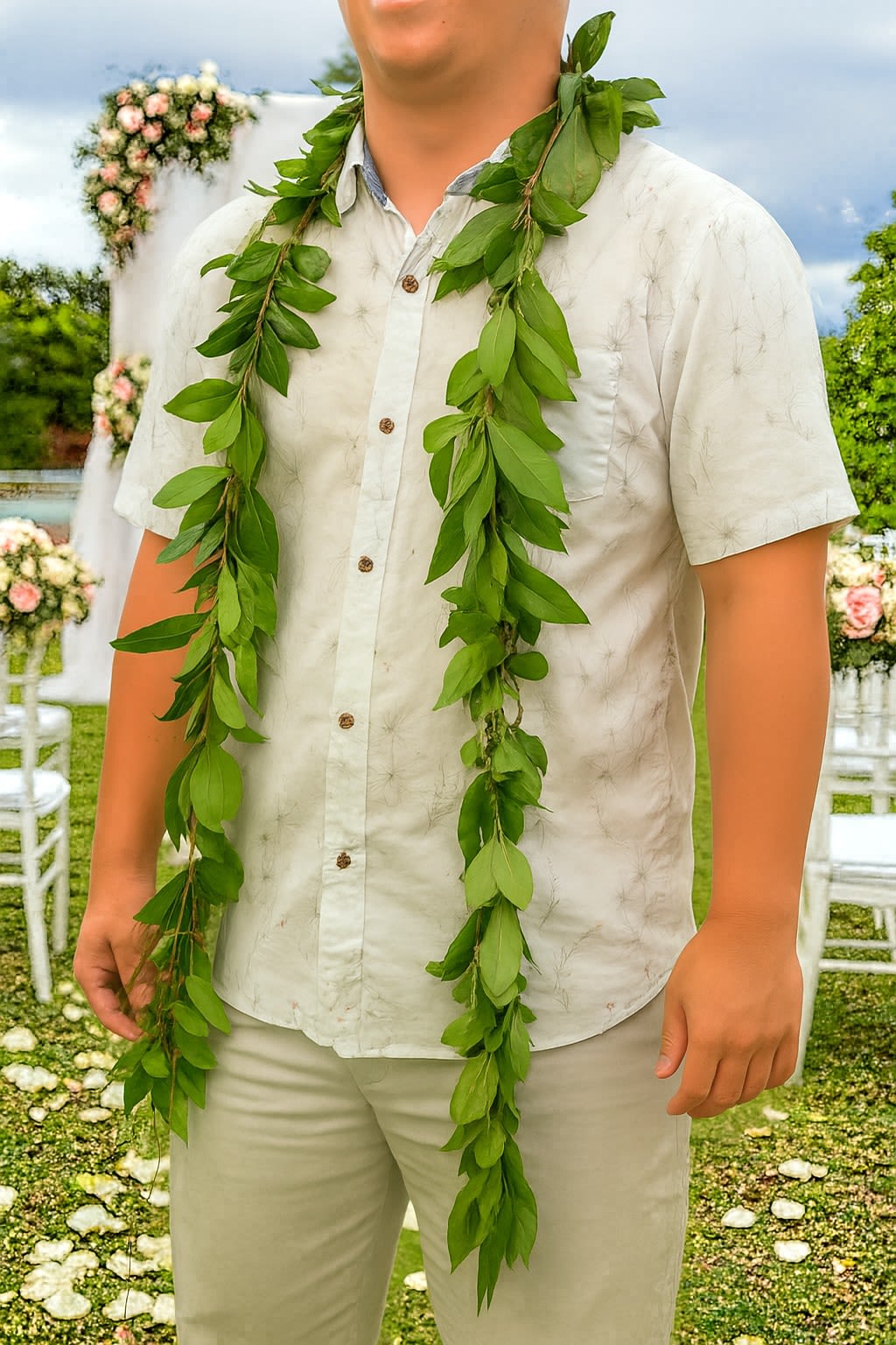 Hawaiian Royal Big Island Maile Lei  - Our Single Strand Maile lei is locally grown and renowned for its natural beauty, making it a stunning choice for special occasions. Typically worn by men for celebrations and formal events, this lei is a symbol of elegance and tradition.   Key features include:  Locally Grown: Made from locally sourced Maile, ensuring authentic and fresh quality.  Natural Beauty: Known for its simple yet stunning appearance, making it perfect for formal occasions.  Ideal for Men: Traditionally used for male celebrations and formal events.  Single Strand Design: Offers a more delicate look.  Regulatory Note: Maile leis are subject to clearance from the Hawaii State Department of Agriculture. If the shipment is confiscated, a Double Ti-Leaf Maile will be substituted, and the price will be adjusted accordingly.  Embrace the tradition and elegance of Hawaiian celebrations with our Single Strand Maile lei, perfect for adding a touch of natural beauty to any special event.  