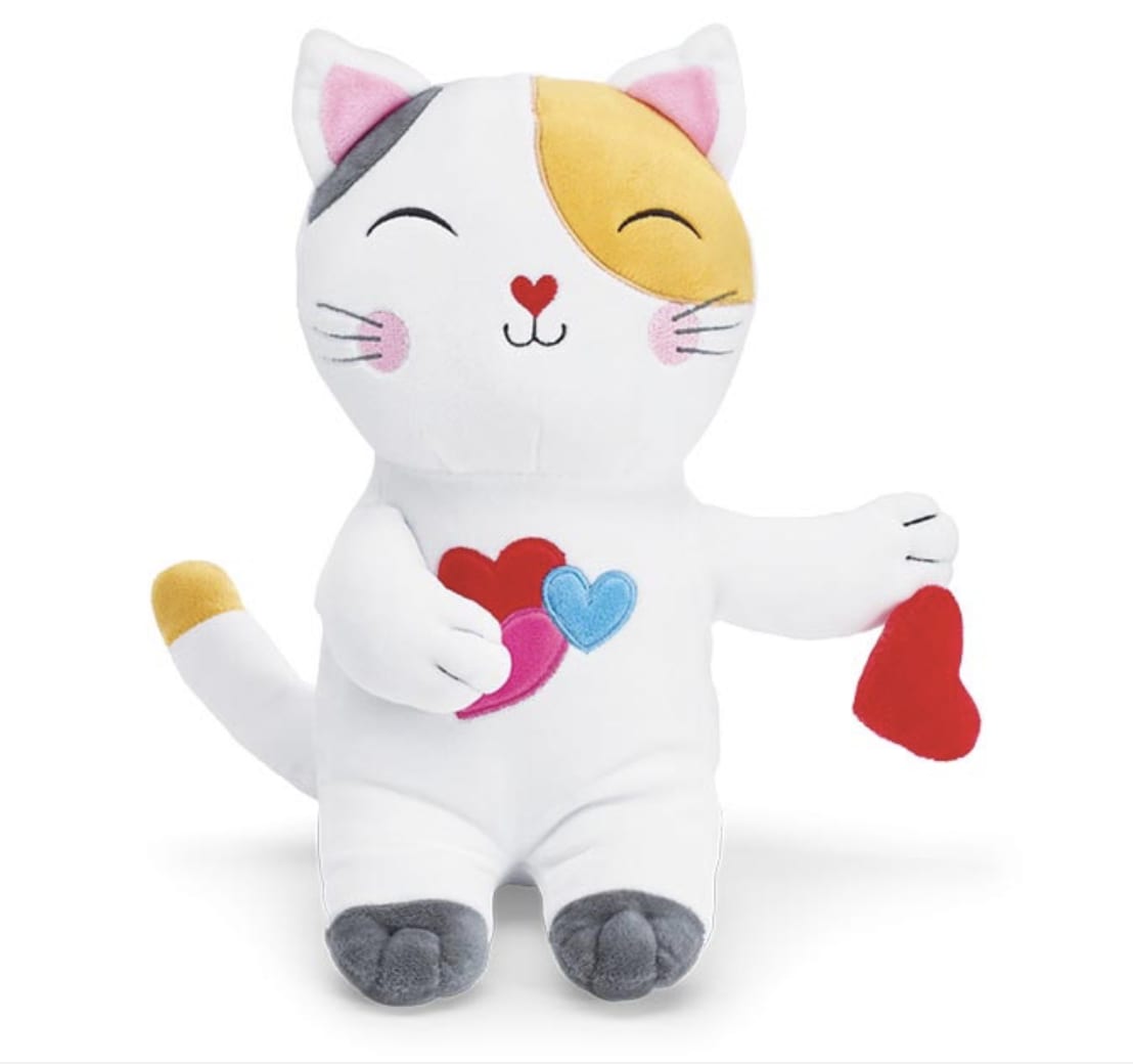 White plush cat toy with colorful heart accents and a red heart in its paw