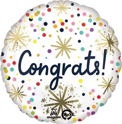Congrats with Gold Stars Mylar Balloon - Celebrate in style with this elegant 18-inch Mylar balloon! Featuring a bold “Congrats!” message surrounded by colorful confetti dots and shimmering gold starbursts, it’s perfect for graduations, promotions, or any special achievement. This helium-ready balloon adds a festive sparkle to any occasion. yay go you! 