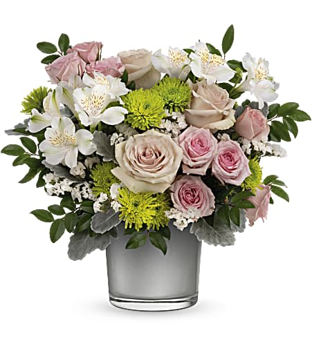 TF Silver Splendor Bouquet - Presented in a shimmering silver moonstone glass vase, this feminine pink rose bouquet is a breathtaking reminder of how much you care!  This pretty bouquet includes light pink roses, pink spray roses, white alstroemeria, green cushion spray chrysanthemums, white sinuata statice, dusty miller and huckleberry. Delivered in Teleflora's Polished Gem Cylinder. Approximately 14 1/2" W x 13 1/2" H