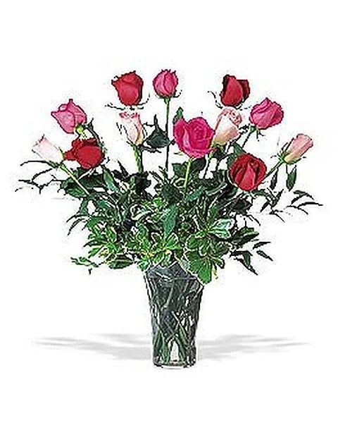 Assorted Roses - Assorted color roses arranged in a ginger vase will certainly fashion a smile. Standard 12 roses Deluxe 18 Roses Premium 24 roses