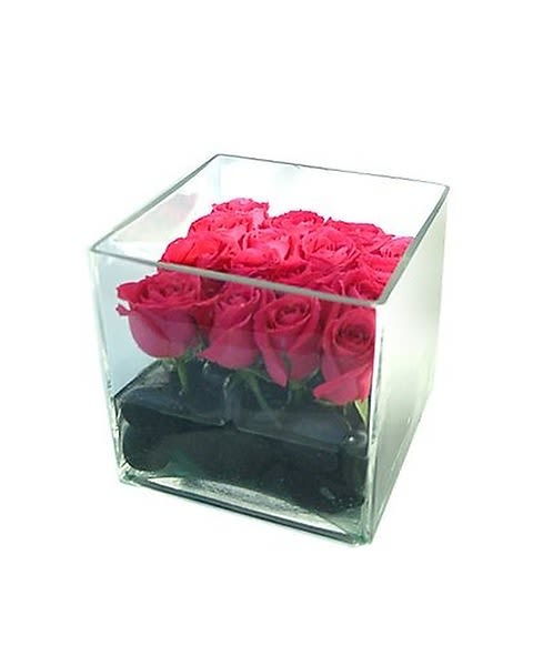 Roses in a Cube - Plush red rose arranged elegantly in a contemporary cube vase with river stones lining the stems. Standard 12 roses Deluxe 18 roses Premuium 24 roses 