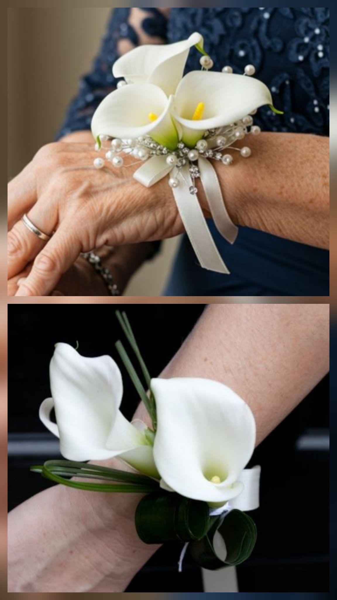 Calla Lilies Corsage - White - Pure white mini calla lilies gathered into a wrist corsage create an elegant, understated statement for a wedding or prom. Designed to make the person you're thinking of feel polished and cherished, these white and green corsages blend the sculptural shape of callas with soft satin ribbon and sparkling accents for a timeless look.  One style pairs clustered calla lilies with pearl sprays, rhinestone-like beads, and a draping white satin bow for a romantic, dressy feel; the alternate style uses looped dark green foliage and a neat white wrist band for a modern, streamlined option. Both feature a comfortable wrist corsage band and delicate pearl and rhinestone details that catch the light without overpowering an outfit, making them perfect for bridesmaids, prom dates, quinceañera court members, or anyone celebrating a milestone.  Whether worn with a formal gown or a sleek suit, this corsage is the kind of finishing touch that helps her feel truly seen on her special day. Care is simple: avoid crushing the blooms, keep cool before wearing, and secure the band snugly for all-night comfort.
