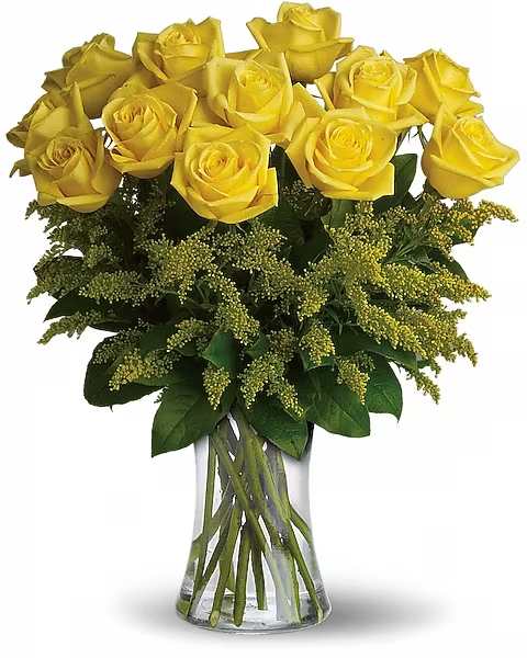 Rosy Glow Bouquet - Yellow roses symbolize friendship, and sending this sunny bouquet of bright yellow flowers is such a beautiful way to celebrate a special bond. Destined to make anyone's day glow, these roses are brilliant!  Standard 12 Roses Deluxe 18 Roses Premium 24Roses Glowing yellow roses and solidago mixed with greens are delivered in a clear glass gathering vase. Sunny skies ahead!   
