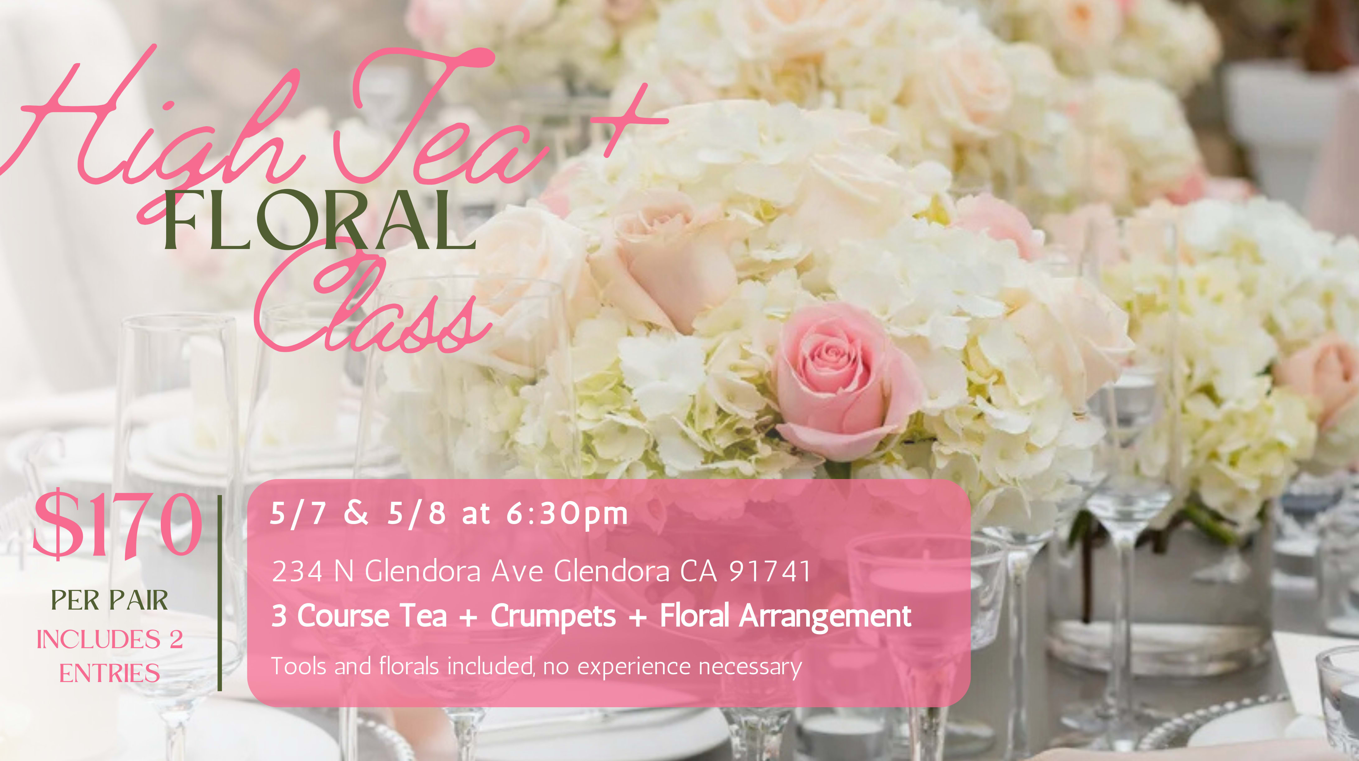 Pastel pink roses and white hydrangeas in low vases on an elegant table with glassware and event text overlay.