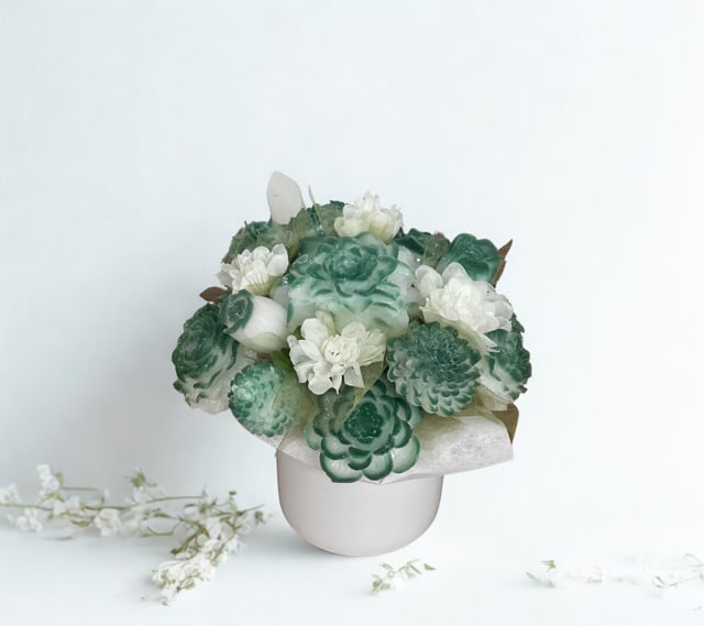 Green Valley - in a white ceramic vase green and white candle flowers