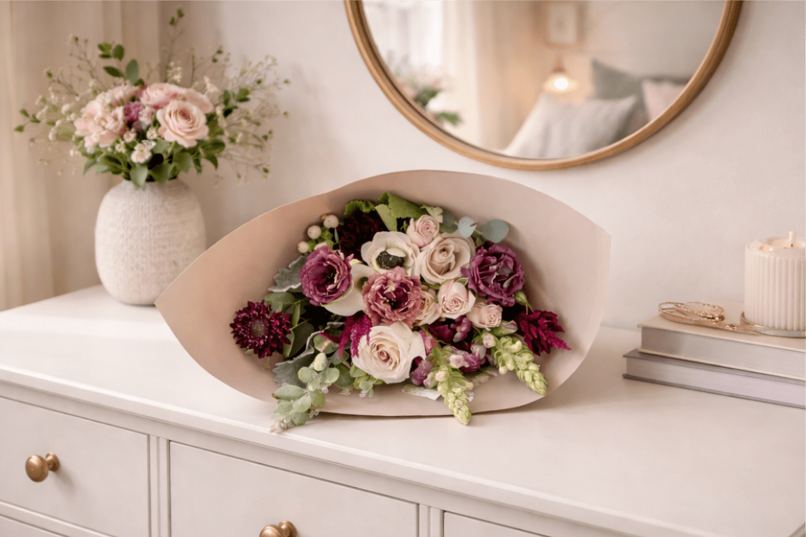 Giada - Our Giada Wrapped bouquet is a mixed of contrasting colors of creams and burgundy. Filled with roses, lisianthus, snapdragons, and anemones. Beautiful for any occasion to send to.friend or family member.  Also, We deliver!! 