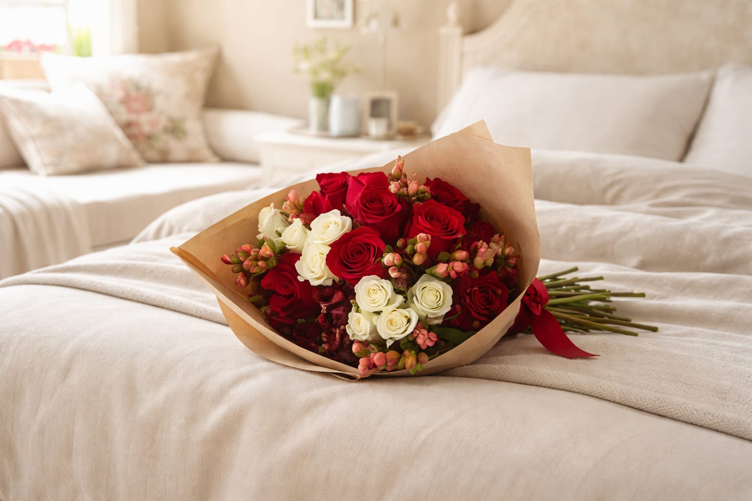 Bouquet of red and white roses wrapped in brown paper