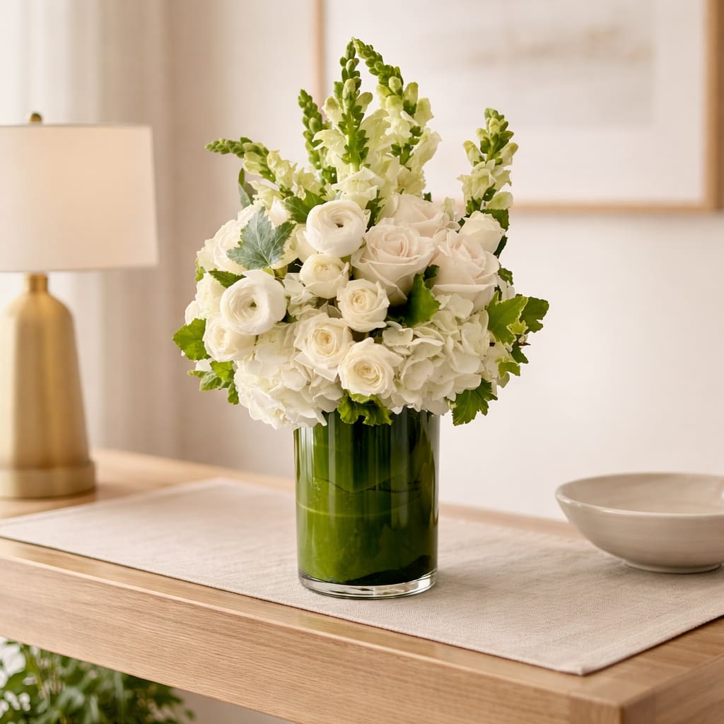 Angelique - Elevate any space with our Angelique Arrangement, a timeless blend of elegant white blooms designed to bring natural serenity and sophisticated beauty into your home. This luxurious centerpiece features premium white hydrangeas, garden roses, spray roses, ranunculus, and snapdragons, artfully gathered into a lush, full silhouette. Displayed in a modern glass vase wrapped with fresh green leaves, this arrangement offers a clean, organic aesthetic that complements any décor style.  Perfect for dining rooms, entry tables, kitchen islands, special events, anniversaries, sympathy gifts, or everyday home elegance, this all-white bouquet adds a soft, inviting glow to any interior.  Crafted by hand using the freshest seasonal stems, the Angelique Arrangement delivers long-lasting beauty and effortless sophistication.