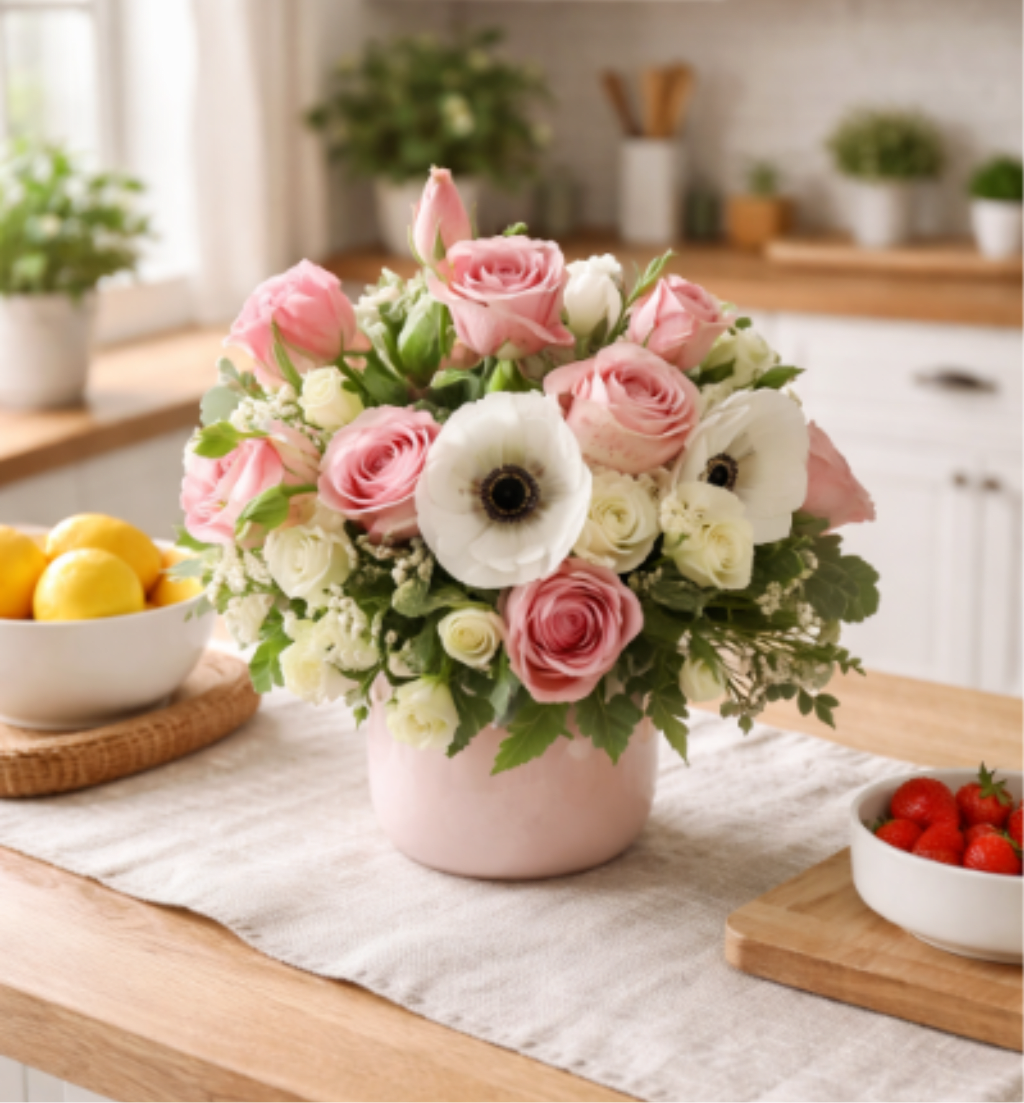 Rosita Arrangement – My Blooming Business - The Rosita Arrangement is a romantic and elegant floral display, artfully designed in a soft pink vase. This exquisite bouquet features lush pink roses, charming pink spray roses, the timeless elegance of cream roses, the pure beauty of white tulips, the whimsical charm of anemones, and the delicate allure of pink lisianthus. Each bloom is hand-selected for freshness and visual harmony, making Rosita the perfect choice for celebrations, anniversaries, or just because.  Proudly designed by My Blooming Business, a top-rated flower shop in Los Angeles offering same-day flower delivery across the Greater LA area.