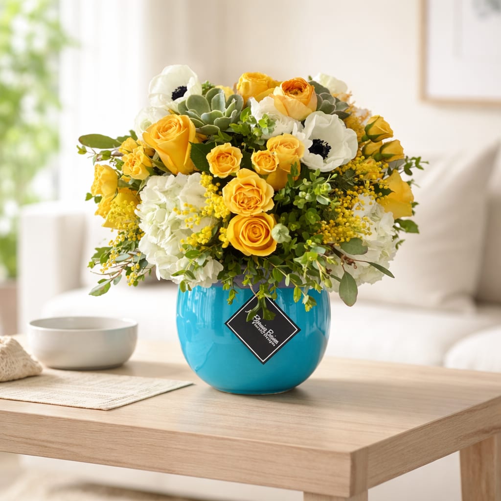 Yellow and white flower arrangement in a blue vase