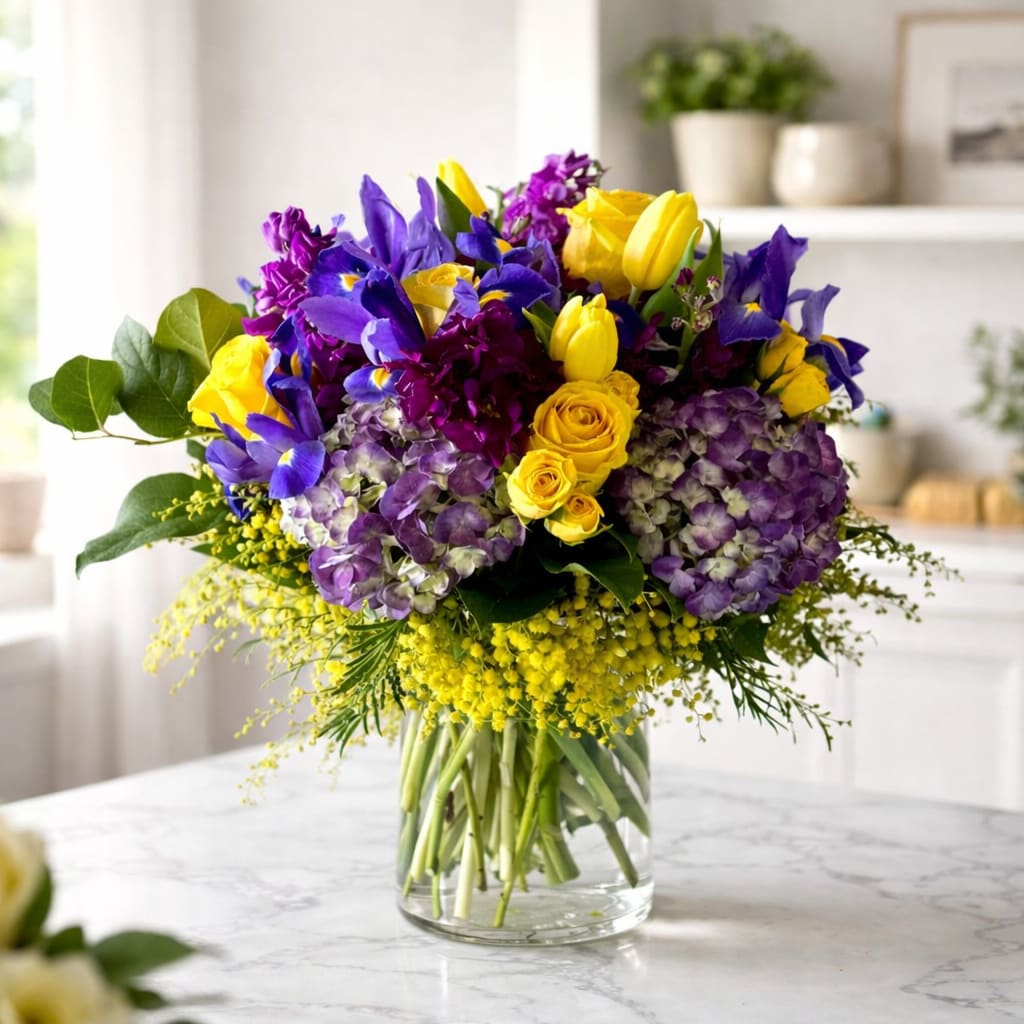 I Love LA  - At My Blooming Business We Love LA!!  The I Love LA arrangement is inspired by one of our many Los Angeles Professional Teams in the city we love. Perfect for any occasion to send your friends and family. Using bold Yellow and purple premium flowers in a clear tall cylinder vase. 